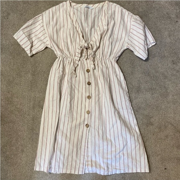Zara Basic Striped Tie Front Button Down Midi Dress Size M - Picture 2 of 5